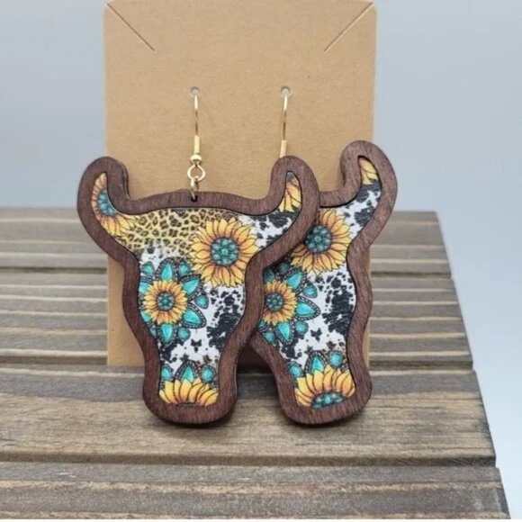 Sunflower Bull Wood Earrings Western Earrings Cowgirl Earrings Bull Head Cow - Picture 5 of 5